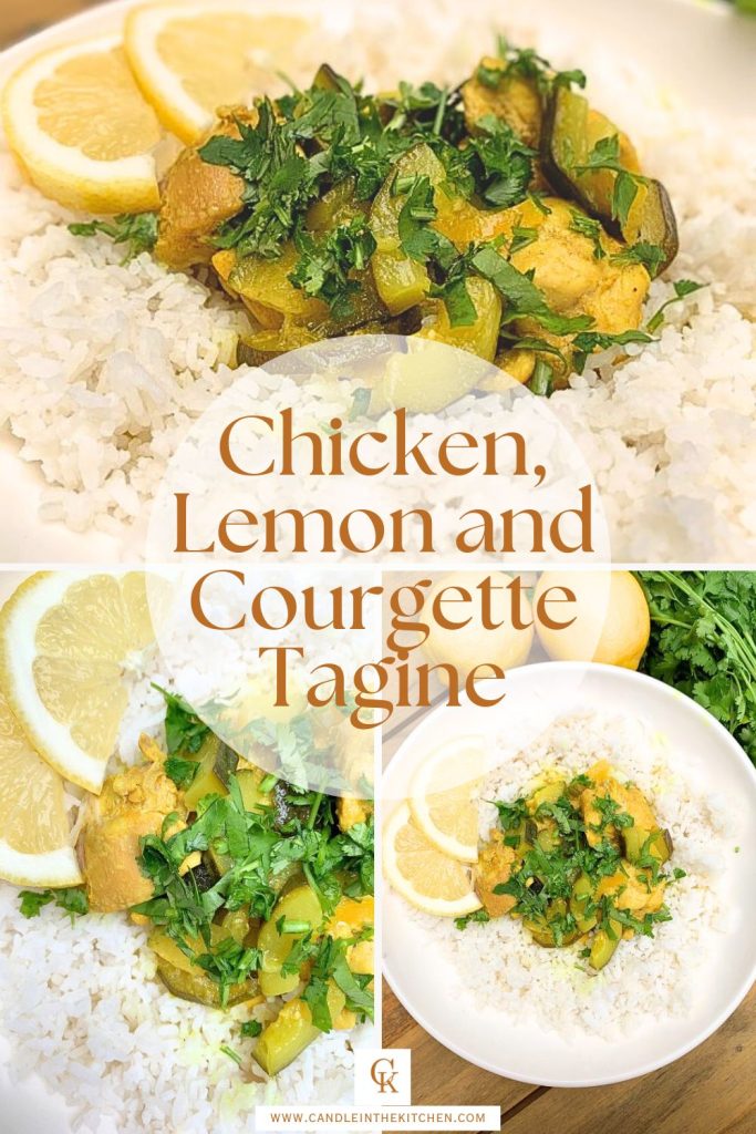 3 photos of Easy Chicken, Lemon and Courgette tagine in a grid with title in a circle in the middle