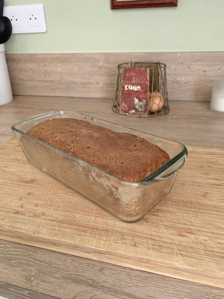 Baked gluten free buckwheat bread in loaf pan