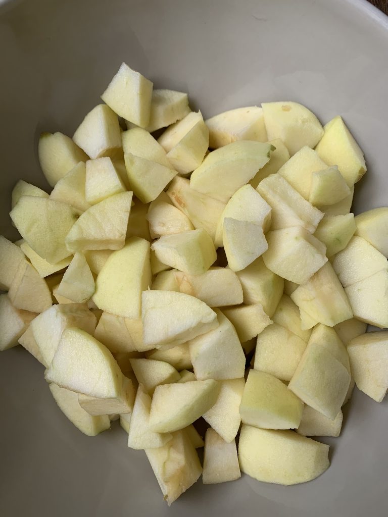 Cubed apples in a bowl