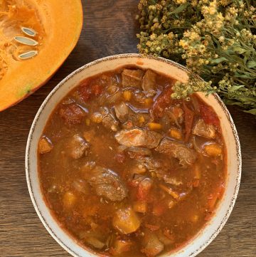 Autumn Pork Goulash Stew in a bowl with dried flowers and half a squash