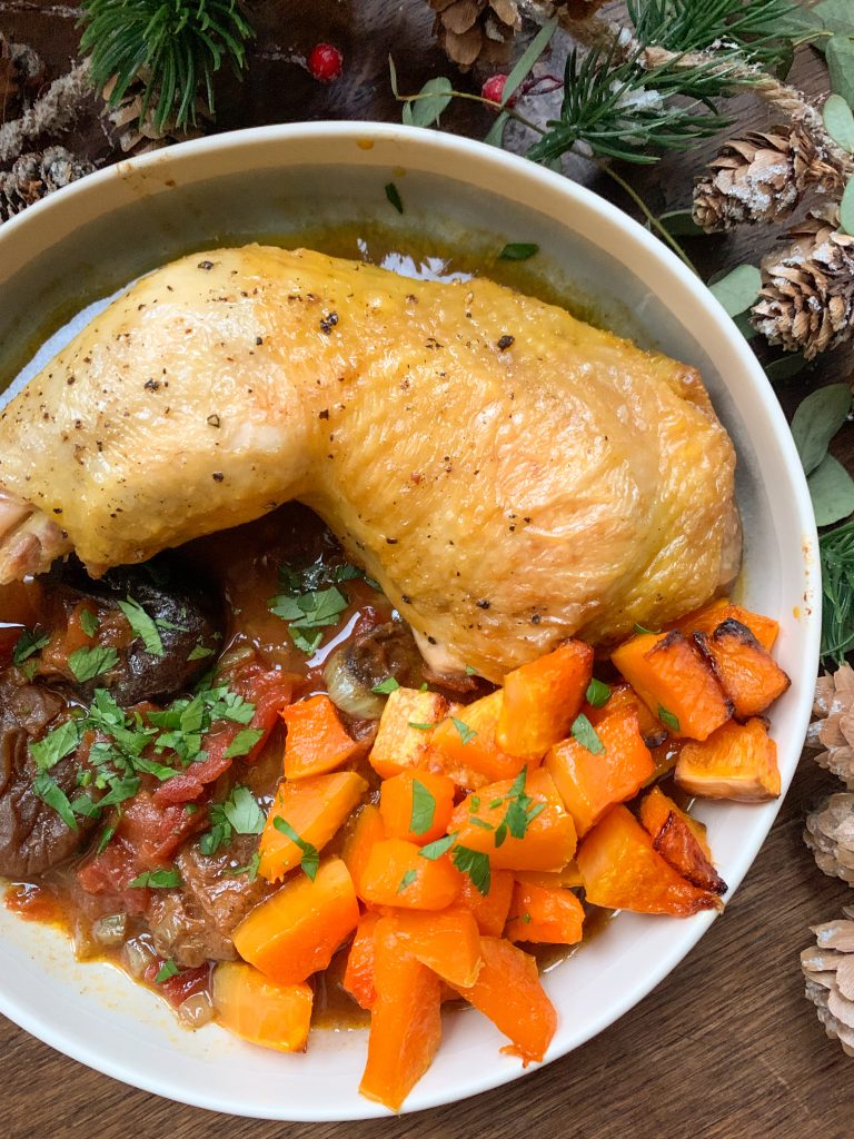 Christmas chicken tagine with prunes and apricots served with roasted butternut squash