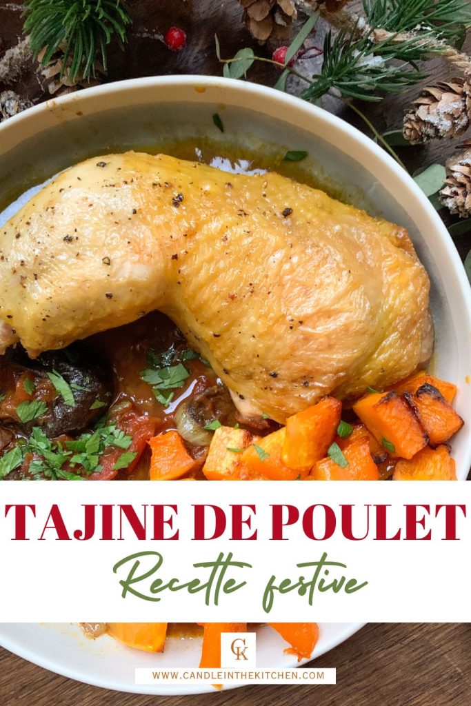 Christmas chicken tagine with prunes and apricots served with roasted butternut squash pinterest graphic in French