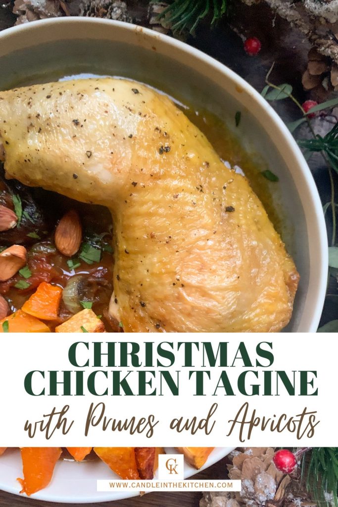 Pinterest graphic in English showing Christmas chicken tagine