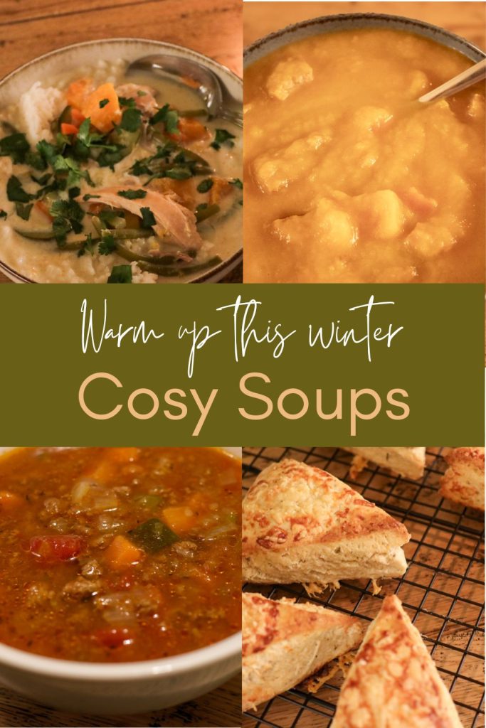 Pinterest graphic showing 3 different cosy soup ideas and cheese scones