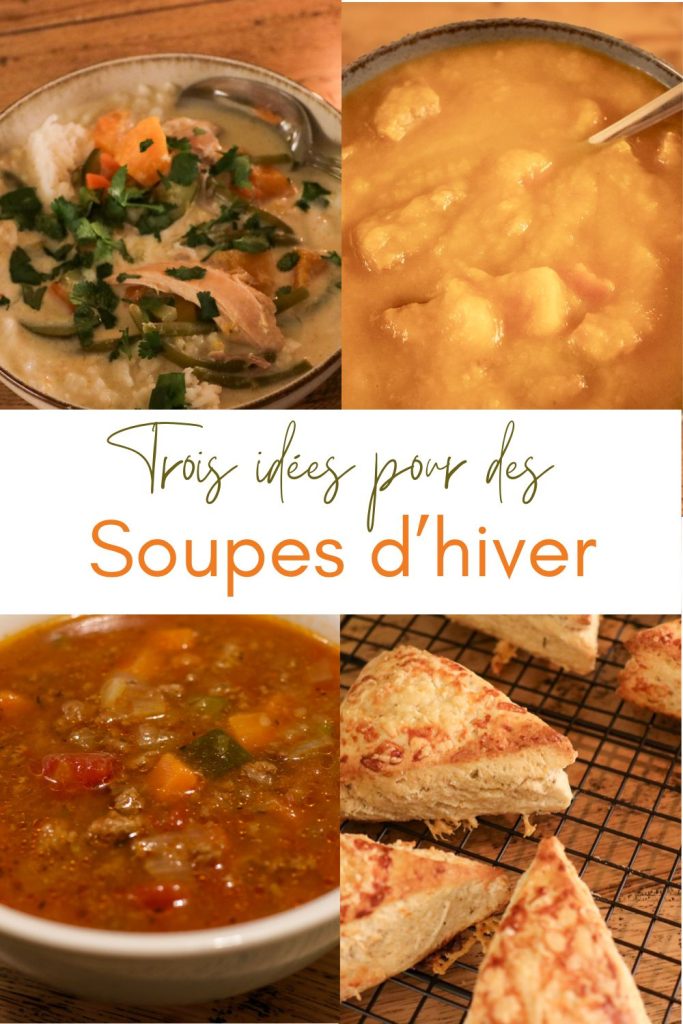 French pinterest graphic showing three cosy soup ideas and cheese scones