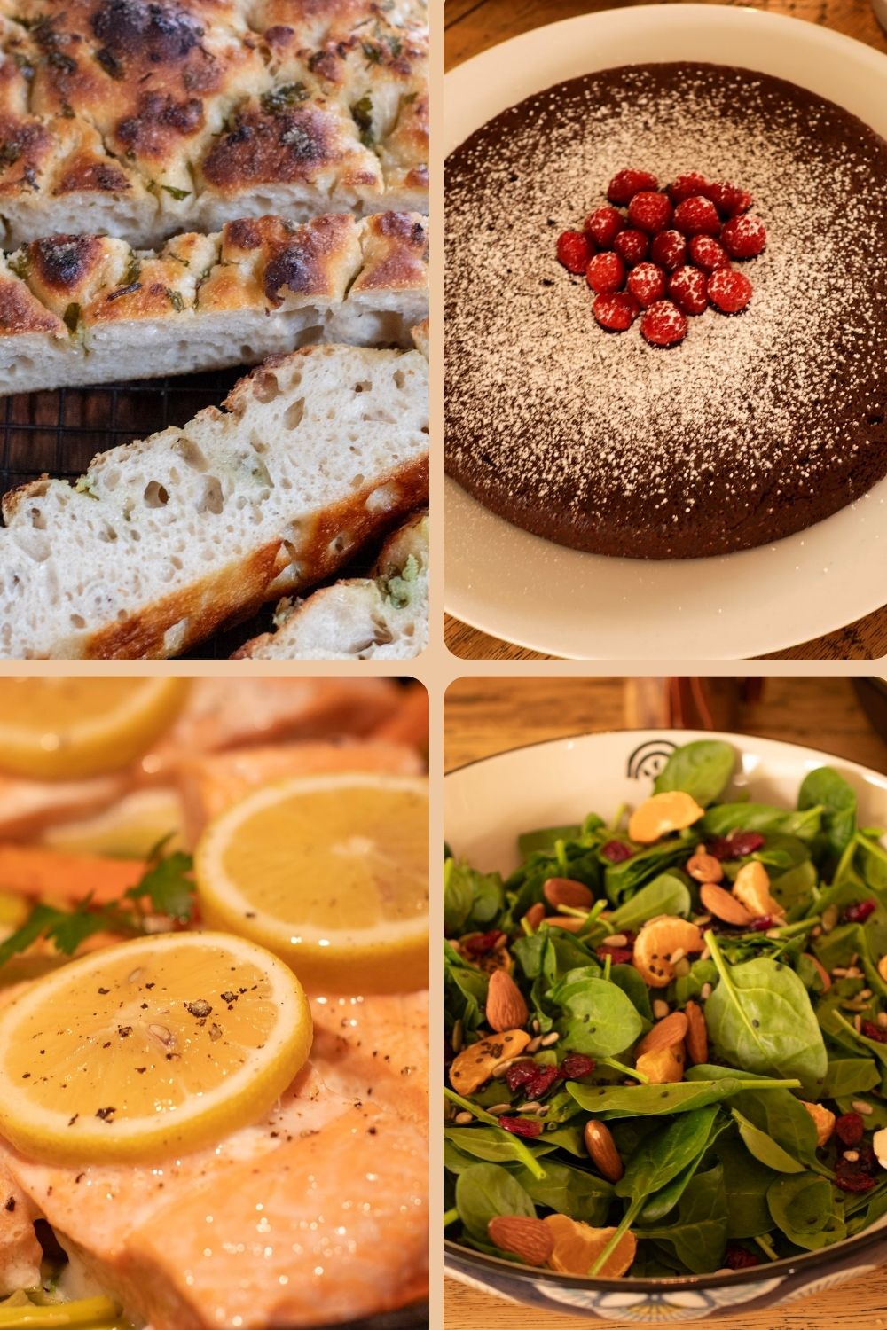 Collage for easy and delicious homemade valentine's dinner ideas showing garlic bread focaccia, chocolate cake topped with raspberries, baked salmon and baby spinach salad