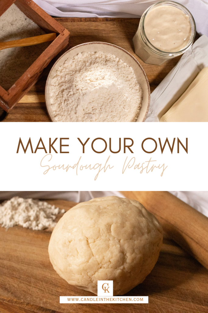 Sourdough Discard Pastry Crust Pinterest Graphic showing the ingredients needed and a finished ball of pastry