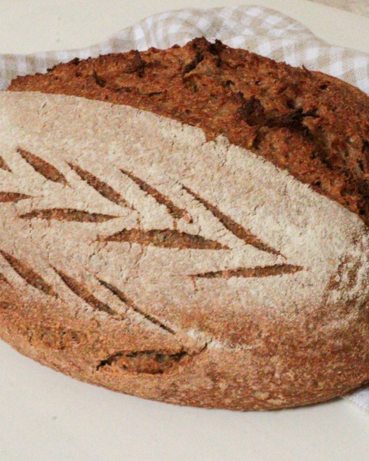 whole wheat artisan loaf with fresh milled flour on a checked tea towel